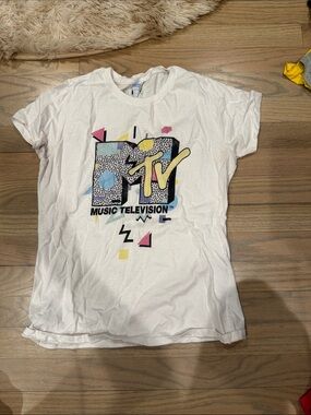 MTV White Tee with Pastel Yellow, Pink, Blue & Black Logo